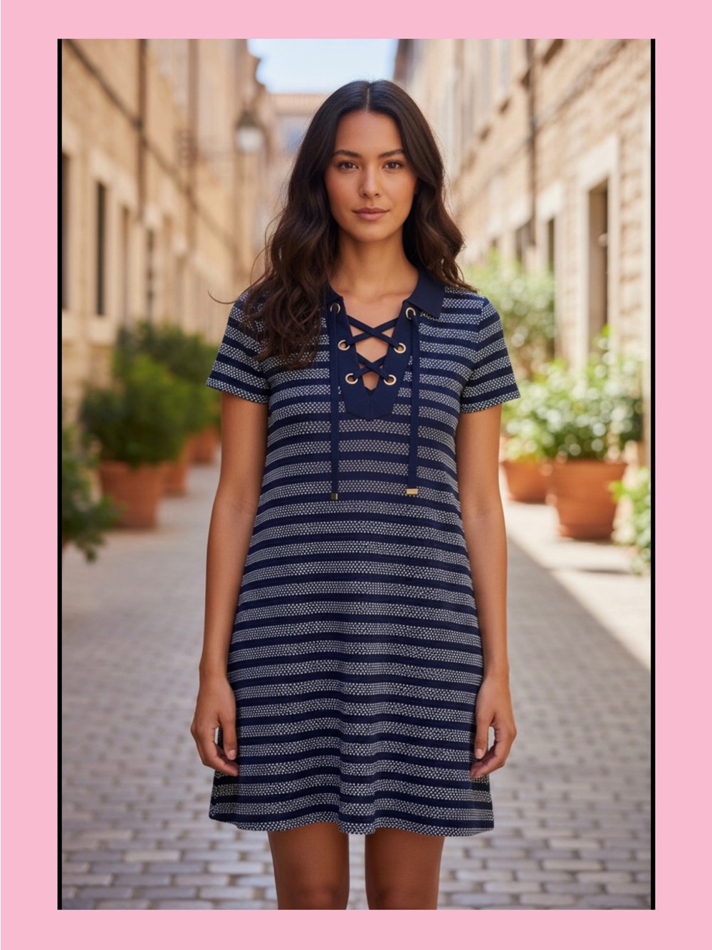 Michael Kors Navy and White Striped Lace-Up Knit Mini Dress
